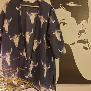 Pink Rose brand cow skull/floral/blue kimono